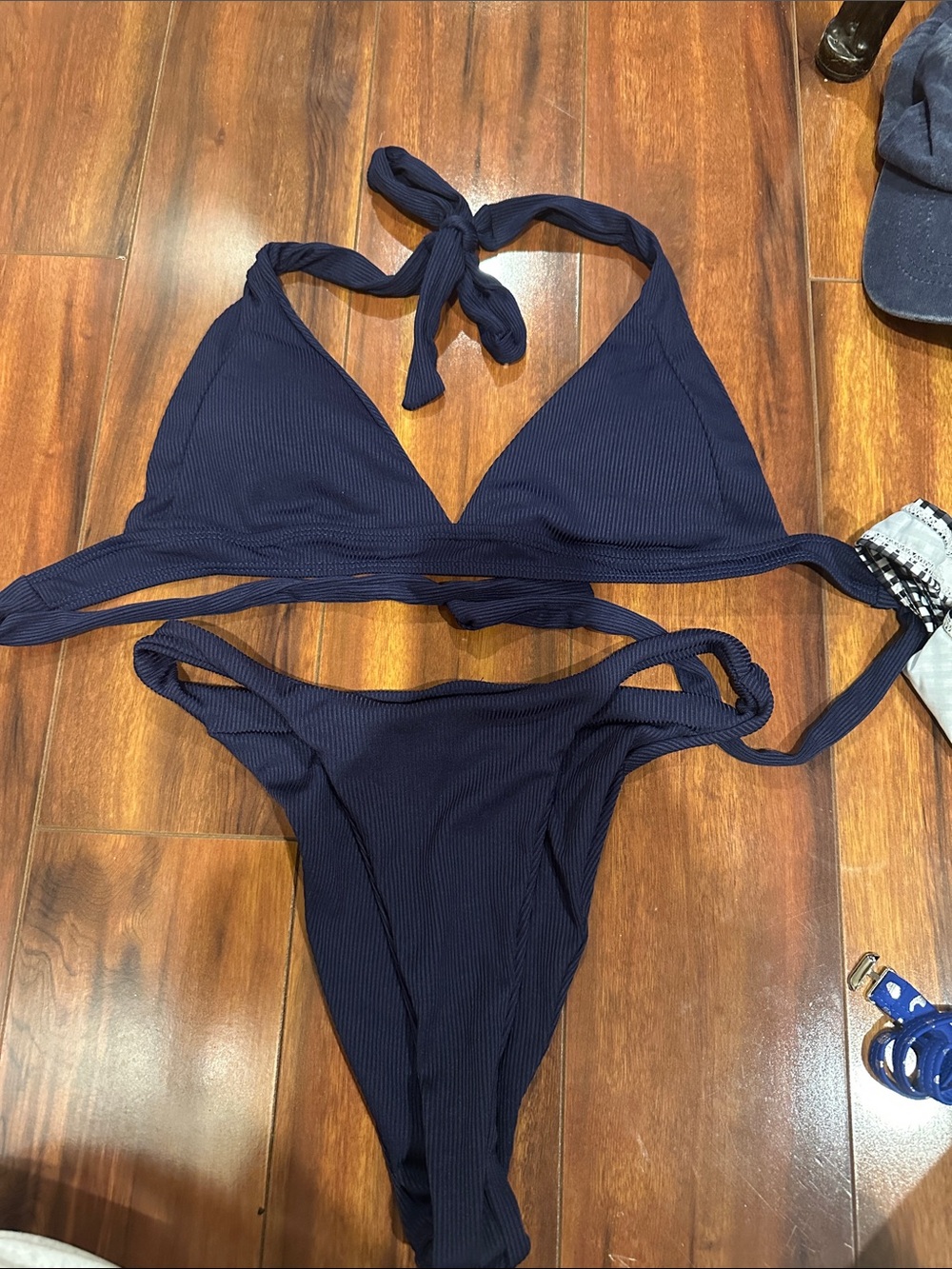SHEIN Ribbed Navy Triangle Bikini Set - Dark Blue